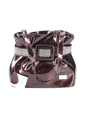 BEIJO ~ Patent Leather Shoulder Bag Metallic Plum Color w/Plaid Belt Accessory